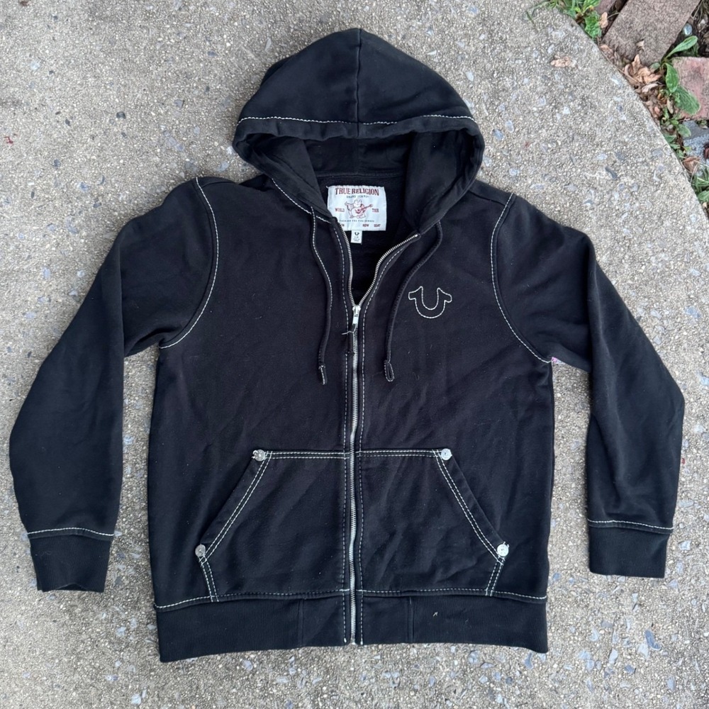True Religion Mens Black Contrast Stitch Buddha World Tour Zip Up Hoodie Large